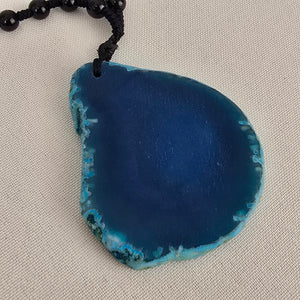Blue Agate Geode Pendant Black Beaded Long Necklace