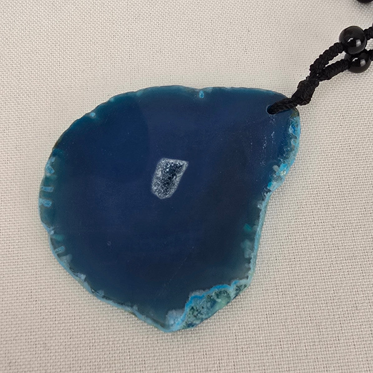 Blue Agate Geode Pendant Black Beaded Long Necklace