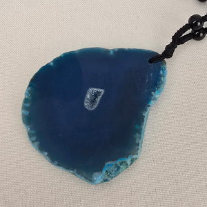Blue Agate Geode Pendant Black Beaded Long Necklace