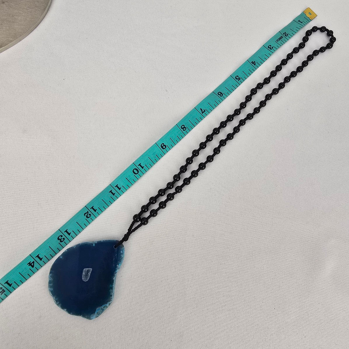 Blue Agate Geode Pendant Black Beaded Long Necklace