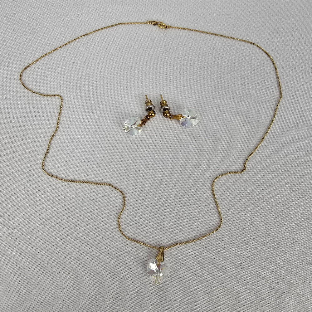 Vintage Gold Fill Faceted Crystal Heart Pendant Necklace & Earring Set