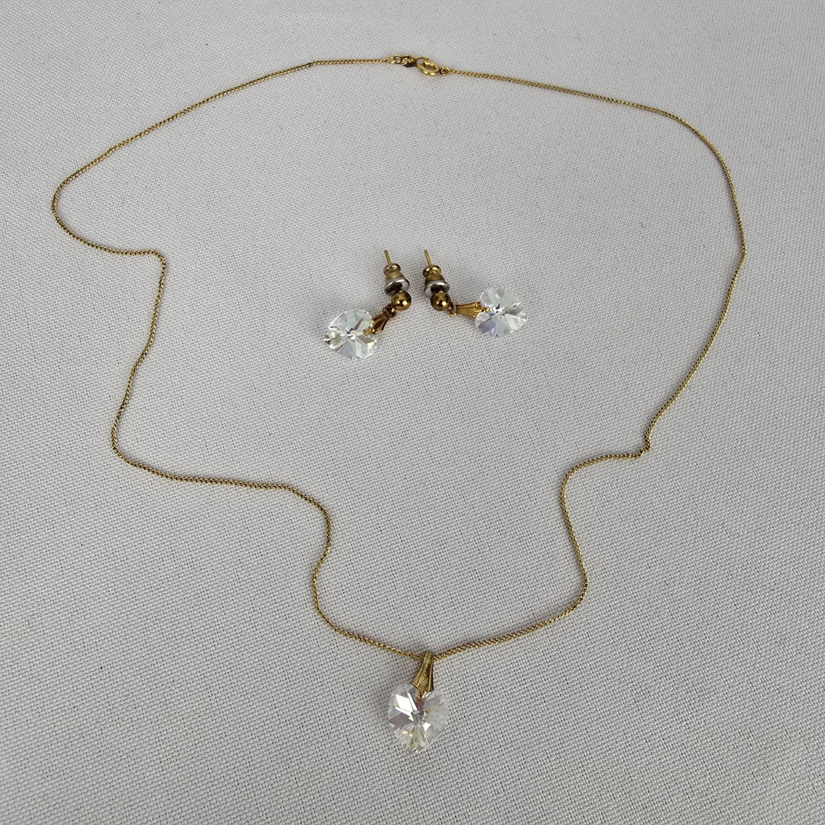 Vintage Gold Fill Faced Crystal Heart Pendant Necklace & Earring Set