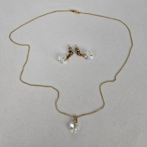 Vintage Gold Fill Faceted Crystal Heart Pendant Necklace & Earring Set
