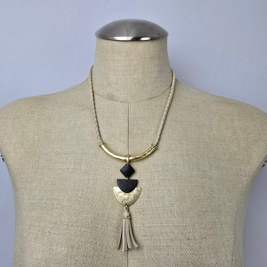 Lucky Brand Matt Gold Tone Black Enamel Leather Tassel Necklace