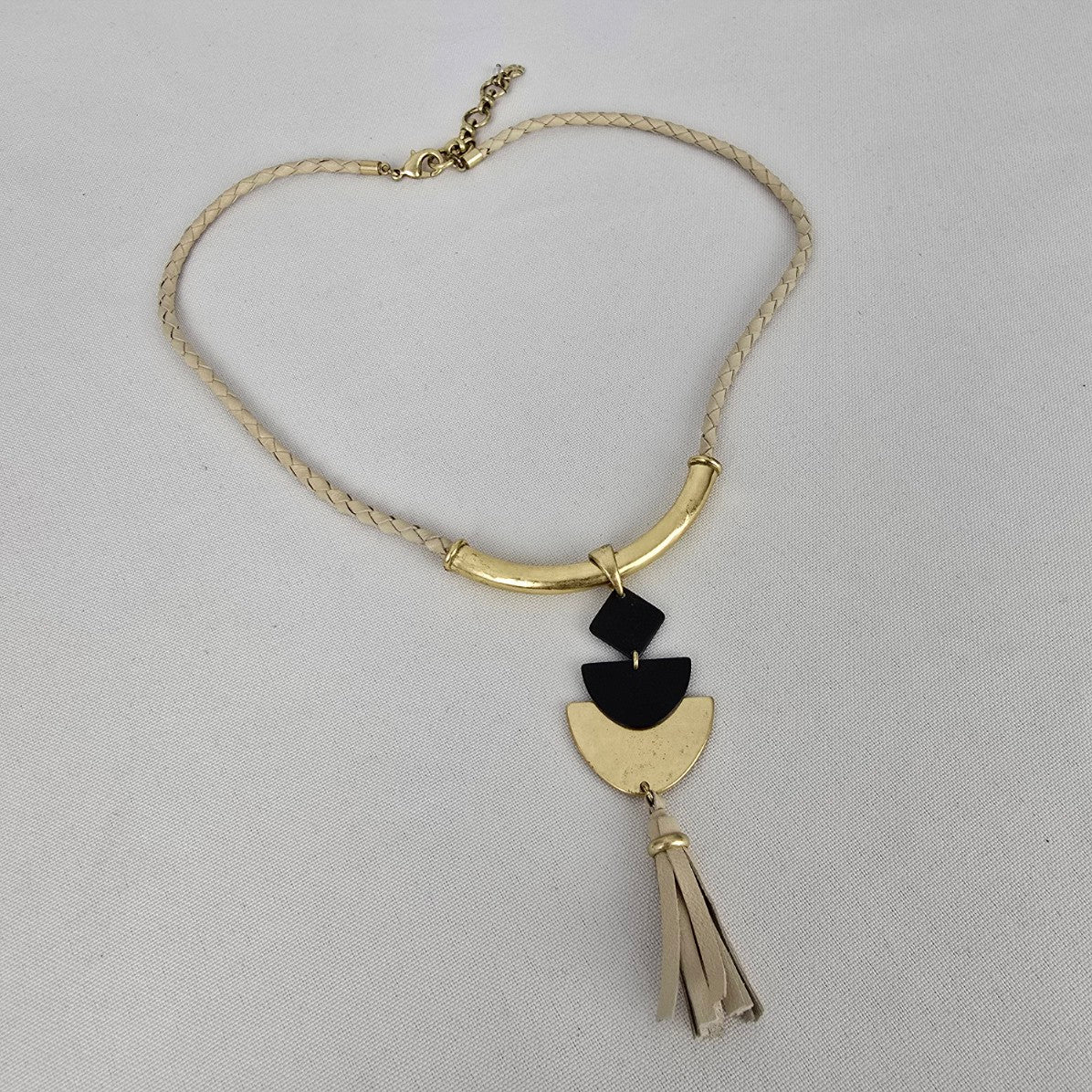 Lucky Brand Matt Gold Tone Black Enamel Leather Tassel Necklace