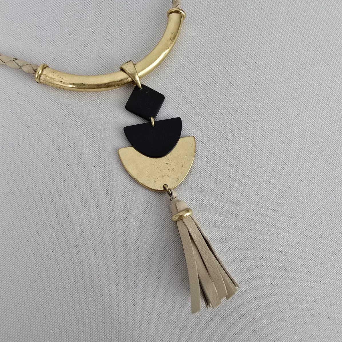 Lucky Brand Matt Gold Tone Black Enamel Leather Tassel Necklace