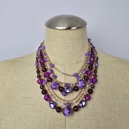 Vintage Gold Tone Chain Purple Beaded Layered Necklace