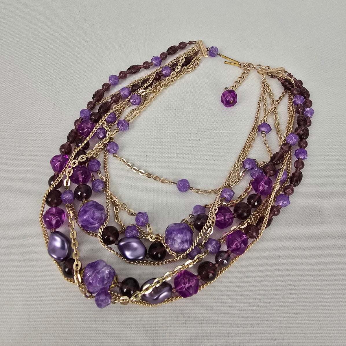 Vintage Gold Tone Chain Purple Beaded Layered Necklace