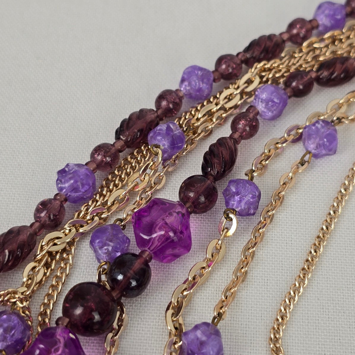 Vintage Gold Tone Chain Purple Beaded Layered Necklace
