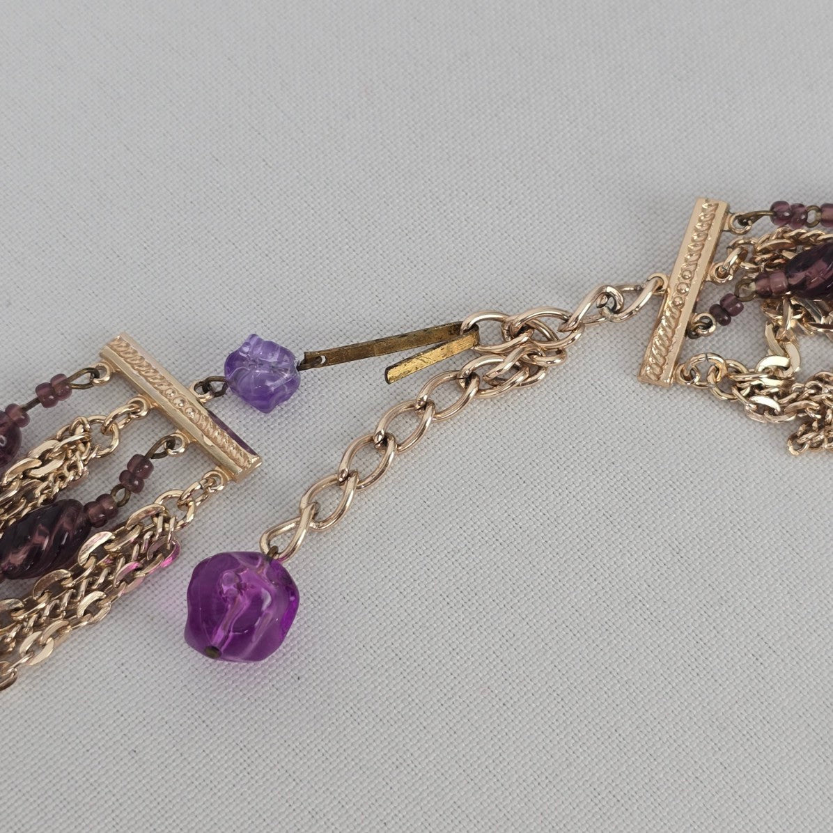 Vintage Gold Tone Chain Purple Beaded Layered Necklace