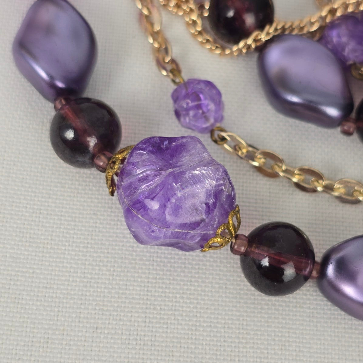 Vintage Gold Tone Chain Purple Beaded Layered Necklace