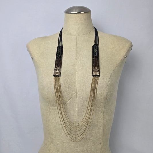 Stella & Dot Jasper Ombré Black & Gold Beaded Chain Necklace