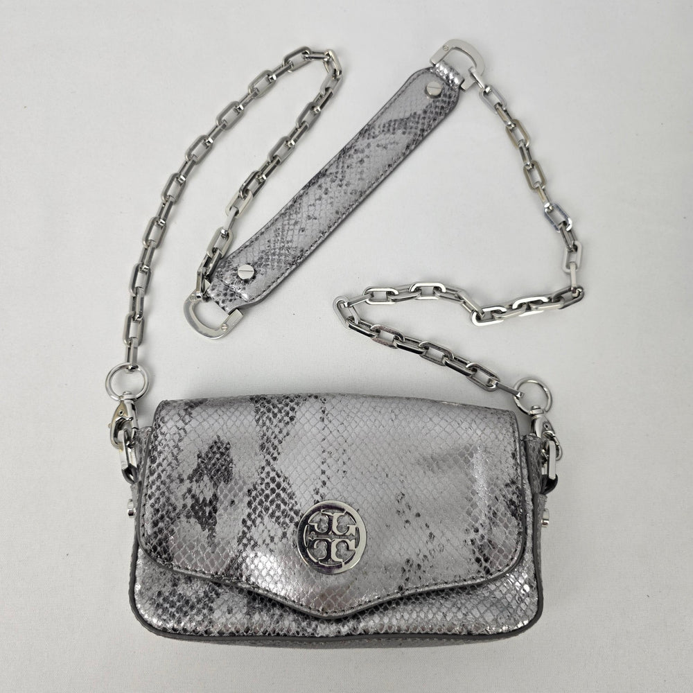 Tory Burch Silver Leather Snake Print Crossbody Mini Bag