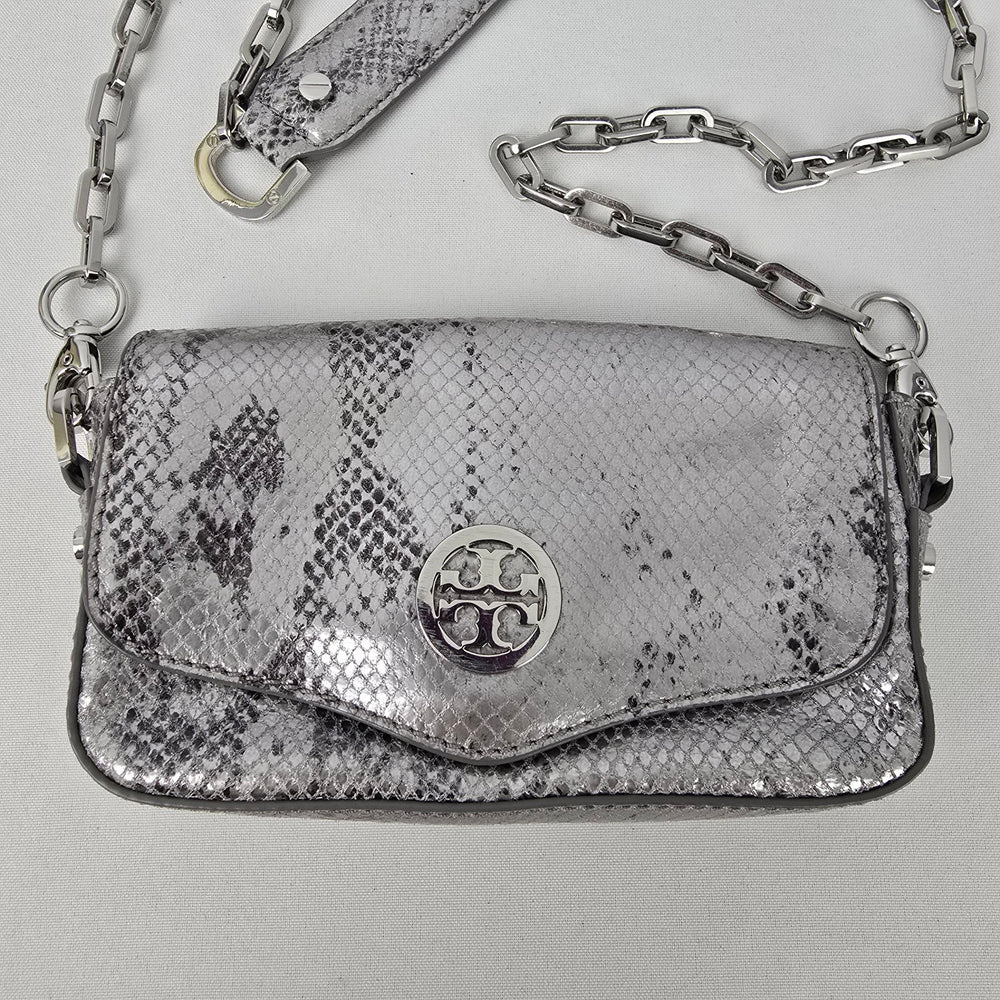 Tory Burch Silver Leather Snake Print Crossbody Mini Bag