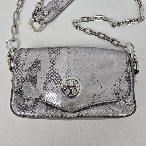 Tory Burch Silver Leather Snake Print Crossbody Mini Bag