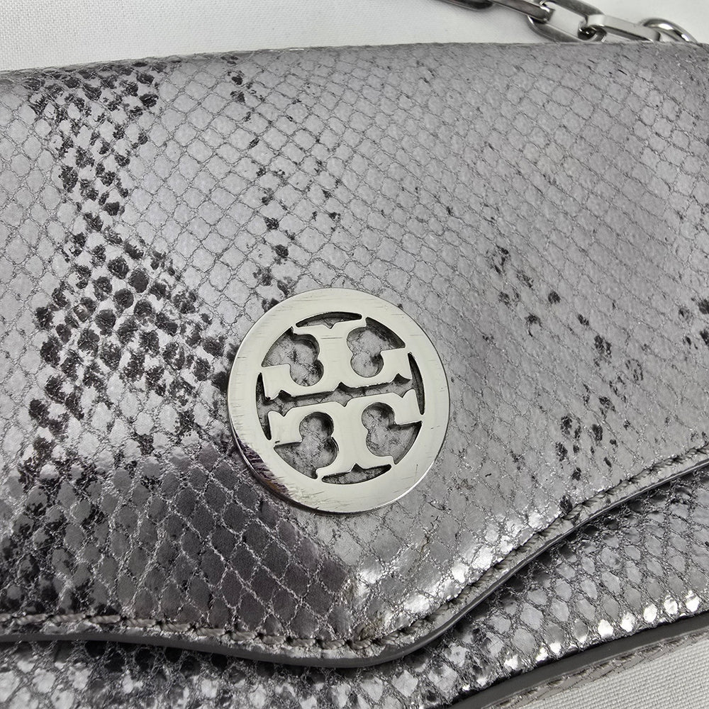 Tory Burch Silver Leather Snake Print Crossbody Mini Bag