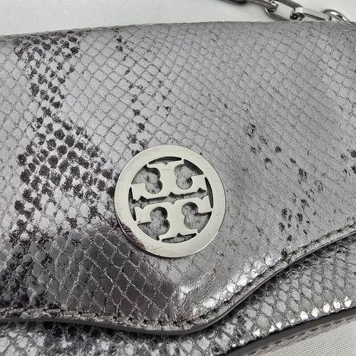 Tory Burch Silver Leather Snake Print Crossbody Mini Bag