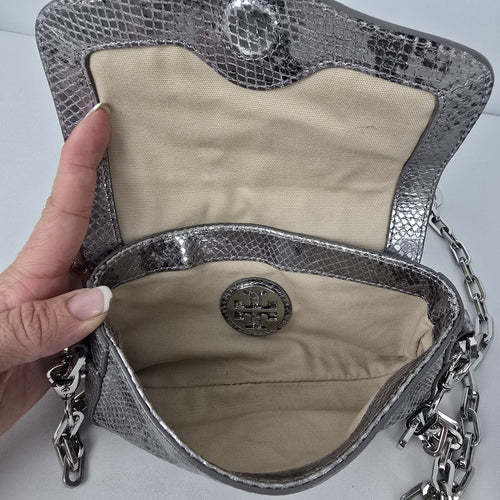 Tory Burch Silver Leather Snake Print Crossbody Mini Bag