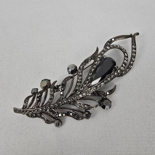 Black Rhinestone Feather Brooch