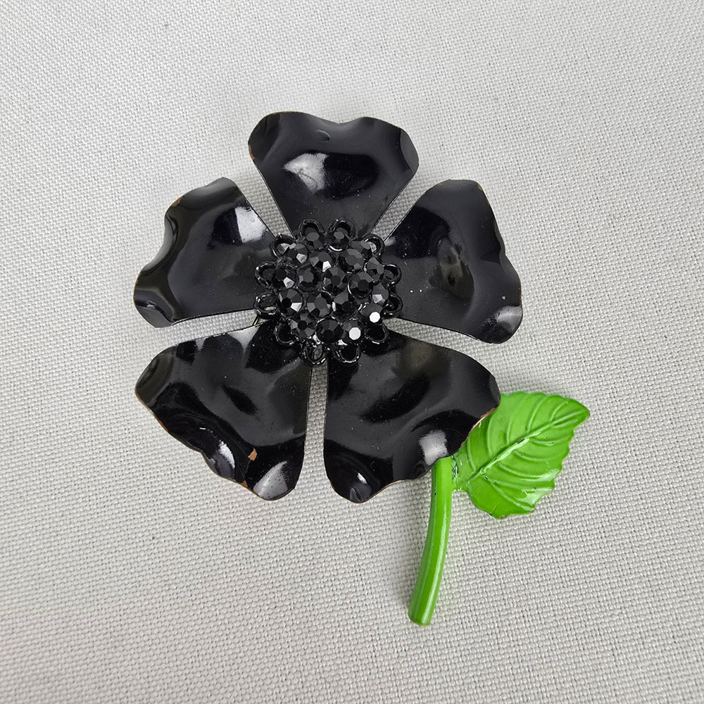 Vintage Black Enamel Flower Brooch