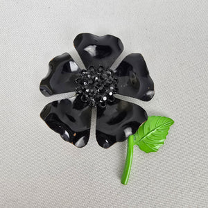 Vintage Black Enamel Flower Brooch