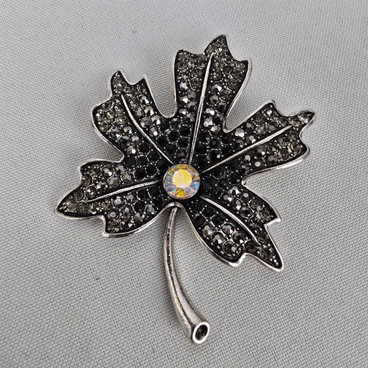 Silver Rhinestone Maple Leaf Brooch
