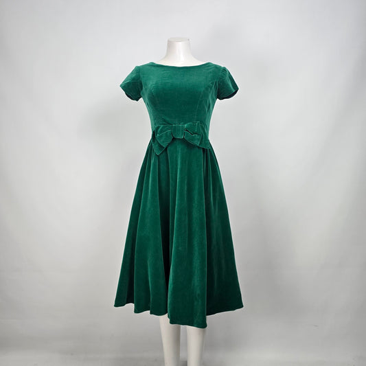 Vintage Green Velvet Handmade Fit & Flare Midi Dress Size S