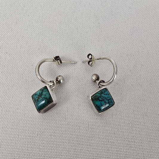 925 Sterling Silver Turquoise Hoop Drop Earrings