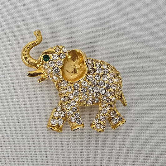 Gold Tone Elephant Rhinestone Brooch