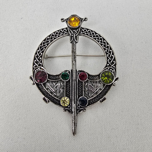 Vintage Scottish Silver Tone Multi Color Stone Kilt Pin Brooch