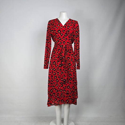 Cabi Siren Red Animal Print Wrap Dress Size L