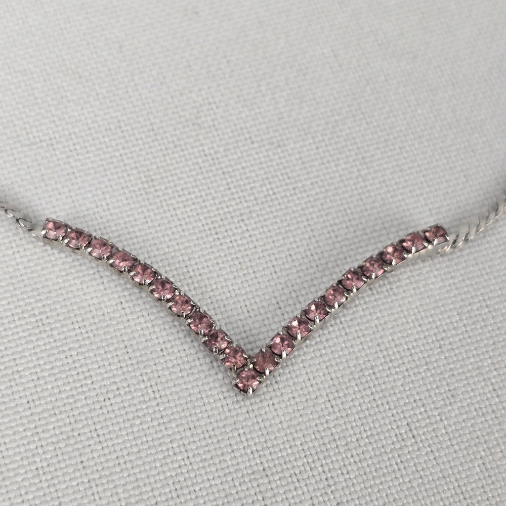 Vintage Silver Tone Pink Rhinestone Collar Necklace