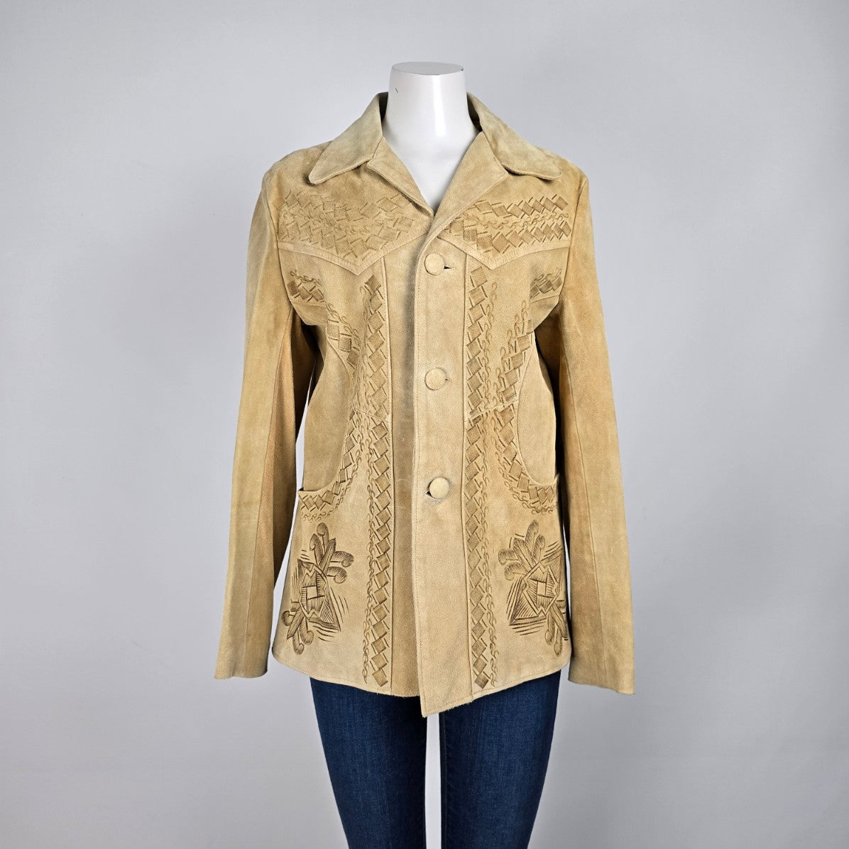 Vintage Handmade Leather Western Embossed Horse Button Up Chore Coat Size S/M