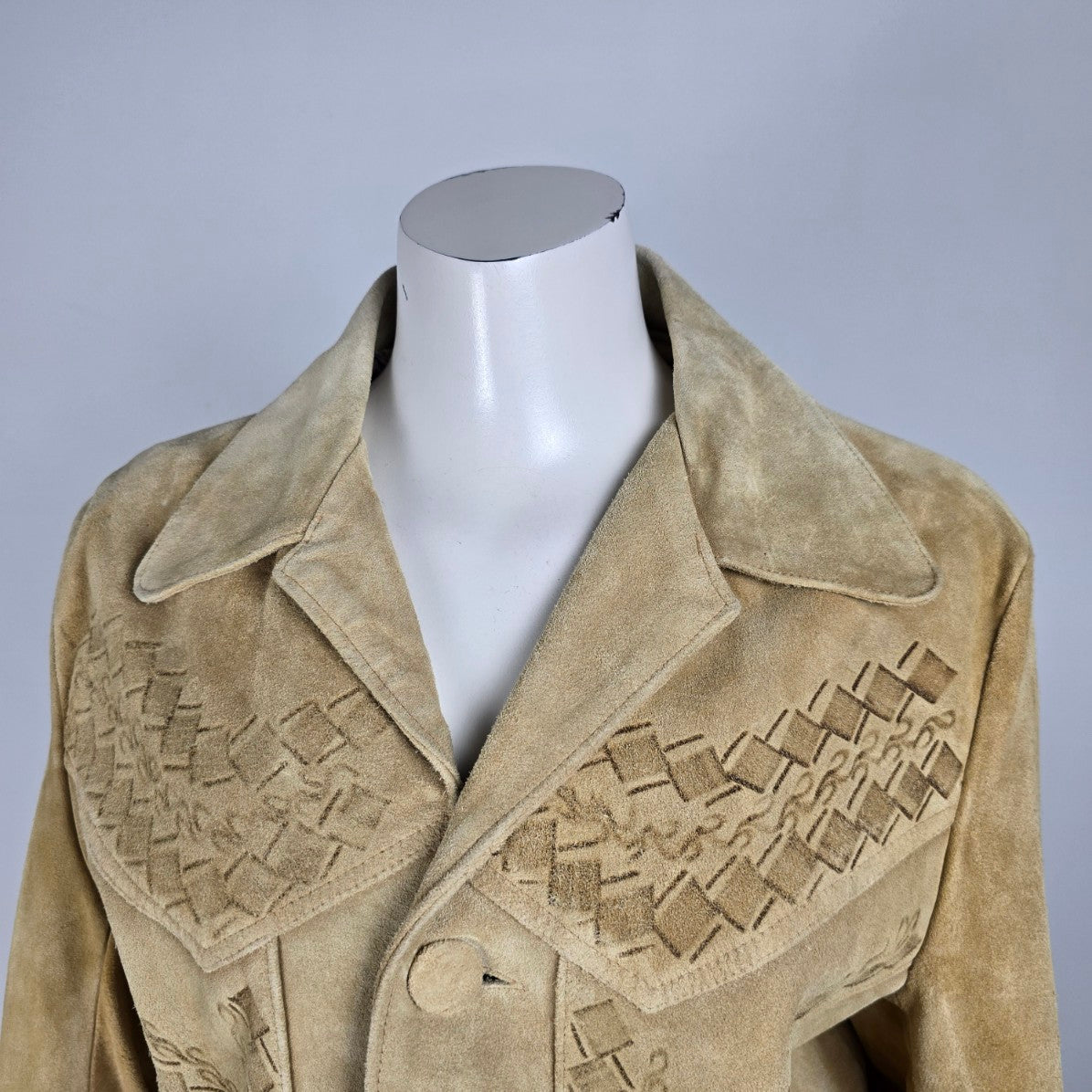 Vintage Handmade Leather Western Embossed Horse Button Up Chore Coat Size S/M