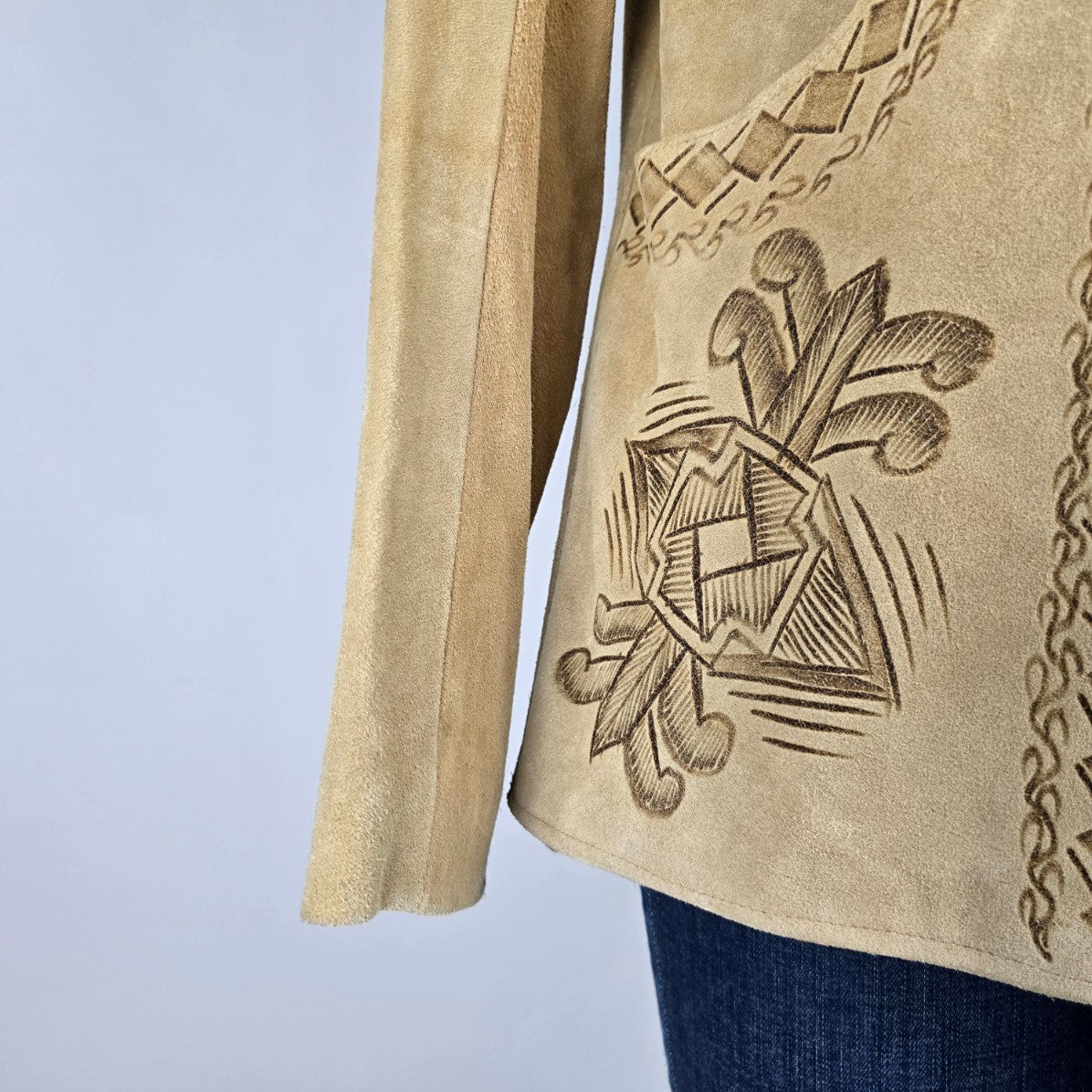 Vintage Handmade Leather Western Embossed Horse Button Up Chore Coat Size S/M