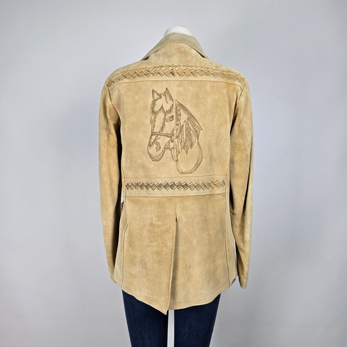 Vintage Handmade Leather Western Embossed Horse Button Up Chore Coat Size S/M