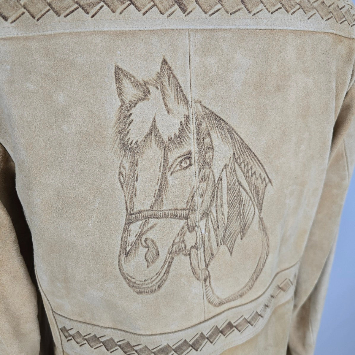 Vintage Handmade Leather Western Embossed Horse Button Up Chore Coat Size S/M