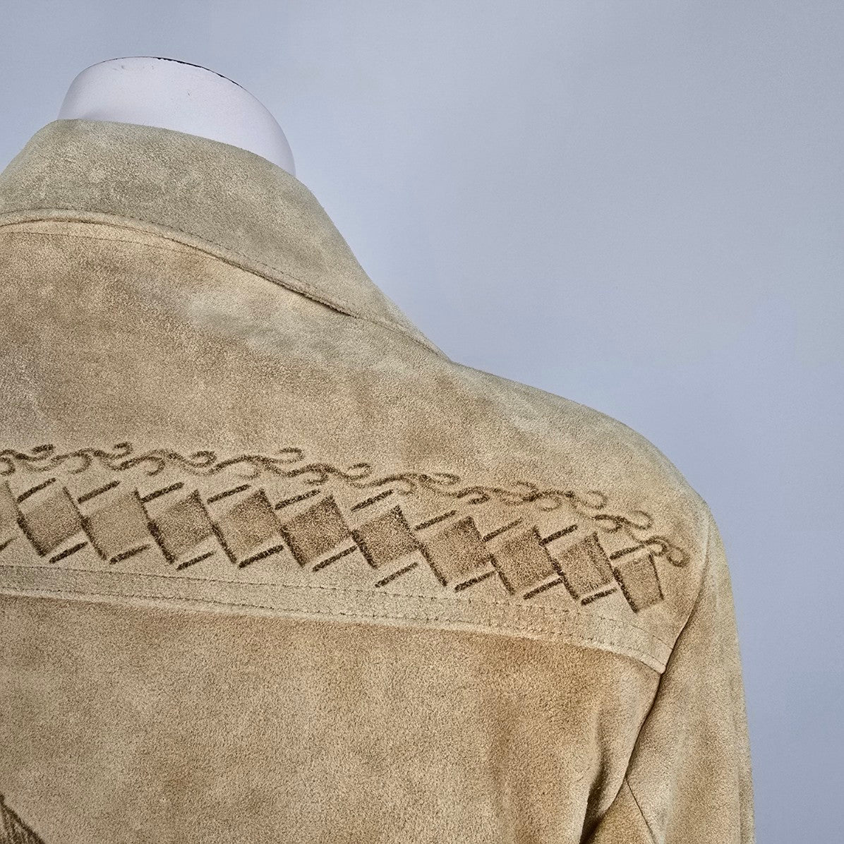 Vintage Handmade Leather Western Embossed Horse Button Up Chore Coat Size S/M