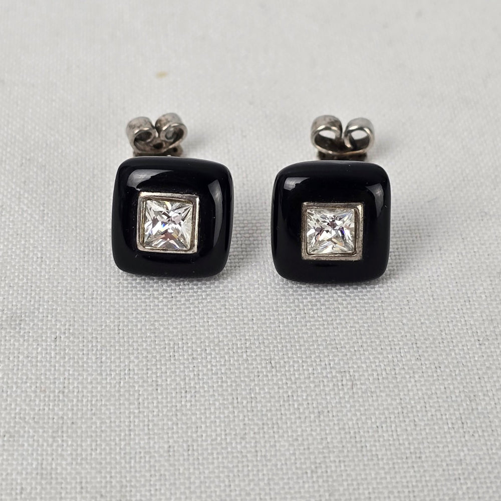 925 Sterling Silver Square Black Enamel Stud Earrings
