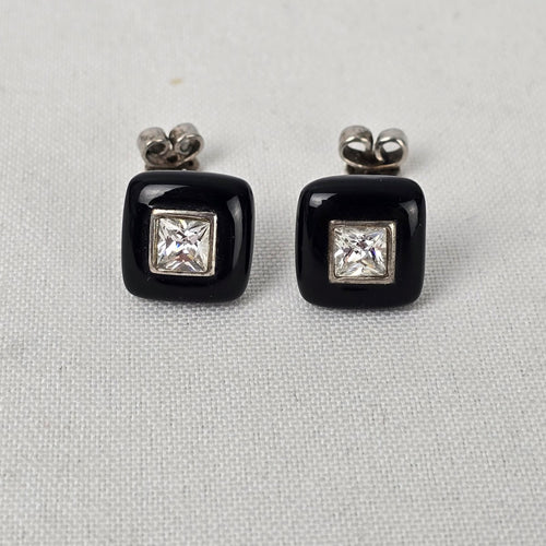 925 Sterling Silver Square Black Enamel Stud Earrings
