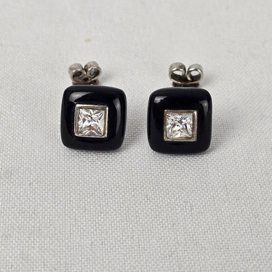 925 Sterling Silver Square Black Enamel Stud Earrings