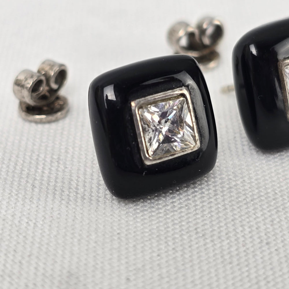 925 Sterling Silver Square Black Enamel Stud Earrings