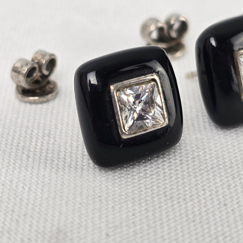 925 Sterling Silver Square Black Enamel Stud Earrings