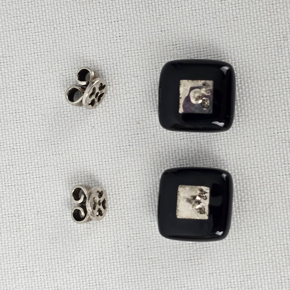 925 Sterling Silver Square Black Enamel Stud Earrings