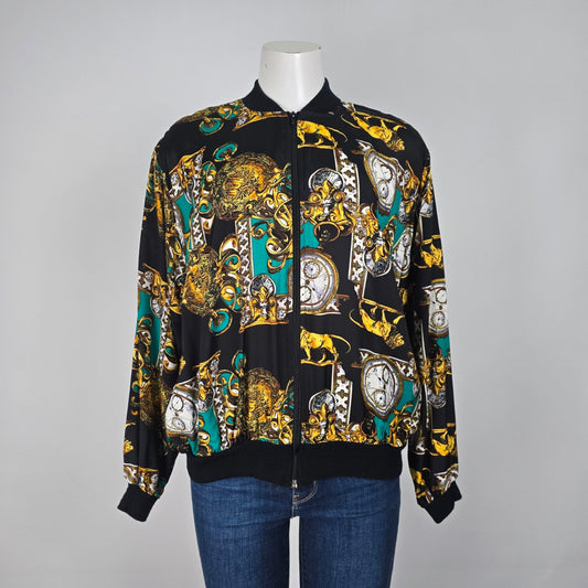 Vintage Tribal Black & Gold Lion Print Bomber Jacket Size 8