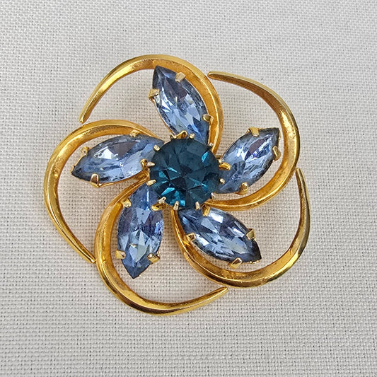 Vintage Gold Tone Blue Crystal Brooch
