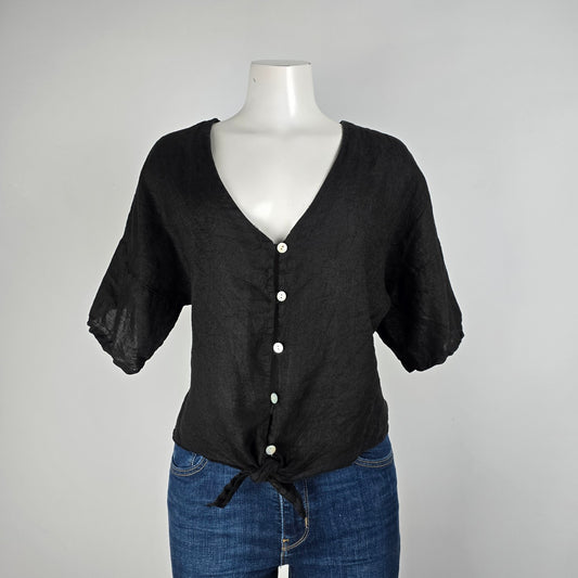 Pistache Black Linen Waist Tie Button Up Top Size M