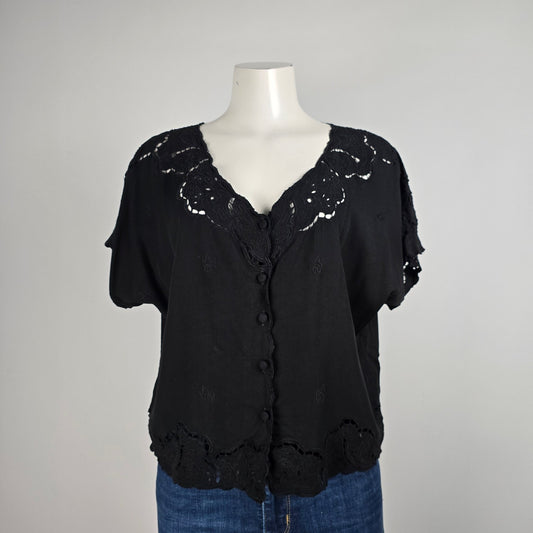 Yaya Black Lace Eyelet Detail Button Up Top Size L