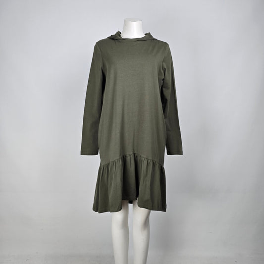 Kaffe Green Cotton Hooded Ruffle Hem Shirt Dress Size M