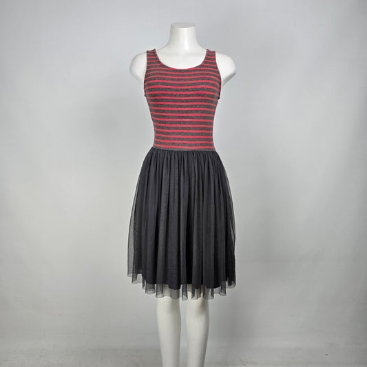 Matilda Jane T'WAS THE NIGHT Dress Red Stripes Tulle Overlay Size XS